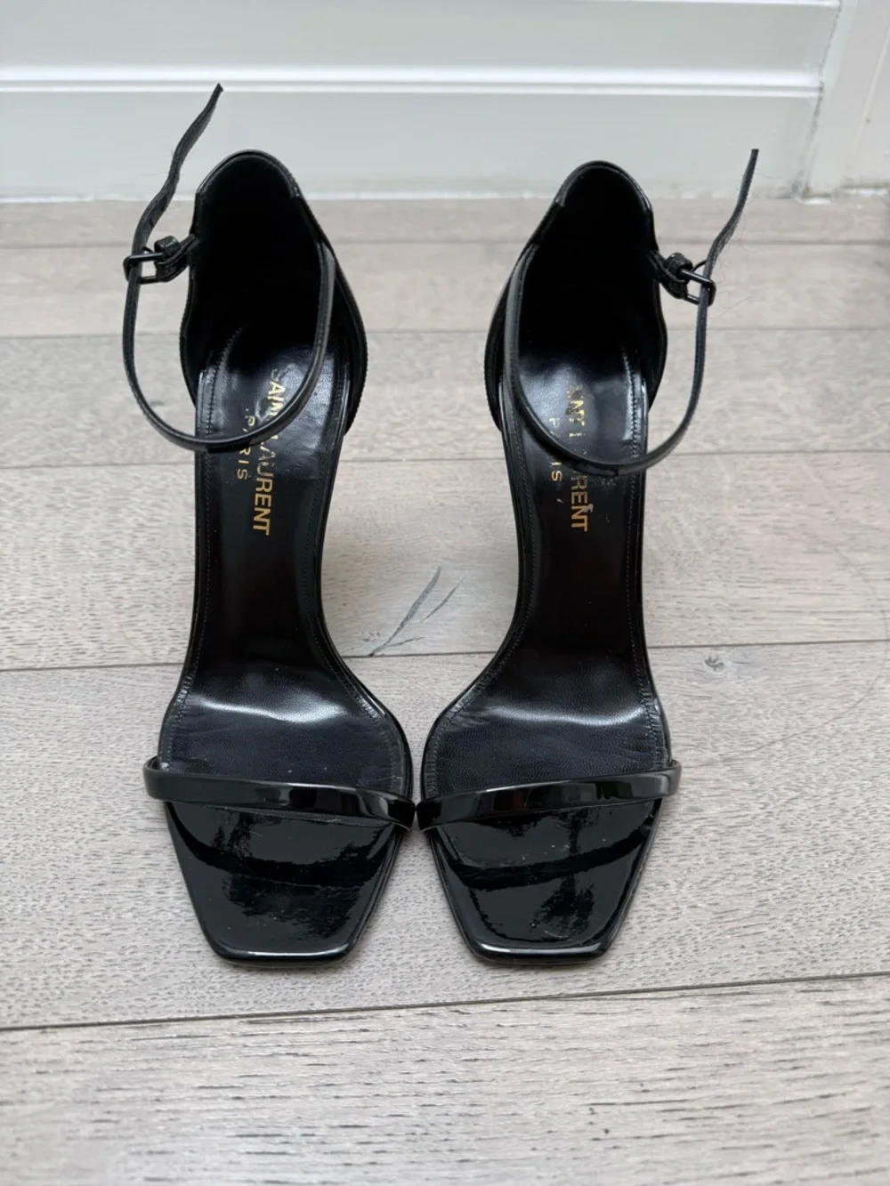 Saint Laurent Black Patent Opyum Logo Heel Ankle-Strap Sandal - Picture 5 of 7